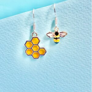 Bumble Bee and Honeycomb Dangle Earrings, Funky, Fun, Dainty, Delicate and Quirky Earrings